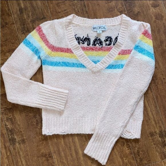 WILDFOX DREAMER RAINBOW STRIPE V NECK KNIT DISTRESSED SWEATER - Picture 7 of 12